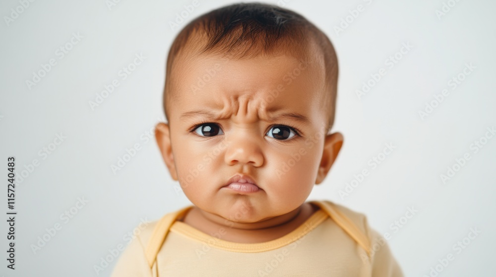 Baby displays a serious expression with furrowed brow in a neutral setting while wearing a yellow onesie during daylight Baby displays a serious expression with furrowed brow in a neutral setting while wearing a yellow onesie during daylight