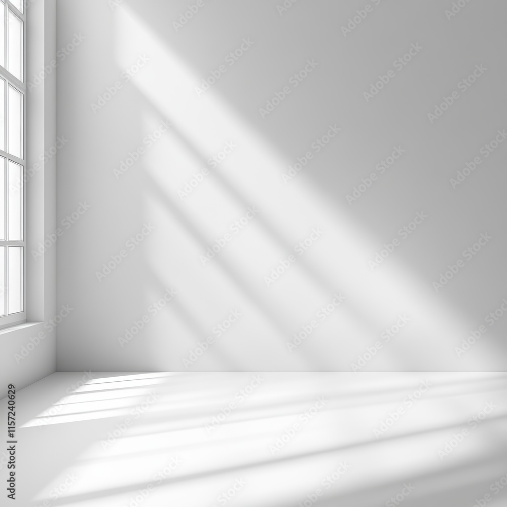 Bright Sunlight Streams Through a Large Window, Casting Shadows on the Clean, White Wall and Floor in a Minimalist Interior Space With a Serene Atmosphere Bright Sunlight Streams Through a Large Window, Casting Shadows on the Clean, White Wall and Floor in a Minimalist Interior Space With a Serene Atmosphere