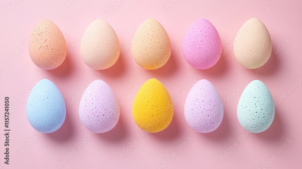 A set of colorful egg-shaped makeup sponges arranged neatly on a pastel pink background. A set of colorful egg-shaped makeup sponges arranged neatly on a pastel pink background.