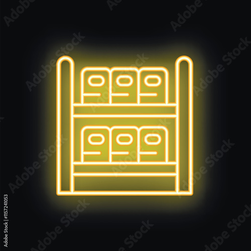 Yellow glowing neon line warehouse interior with boxes on racks icon isolated on black background. Vector
