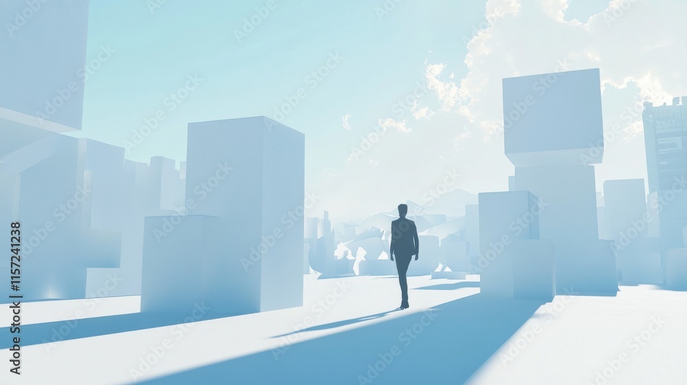 A figure exploring a minimalistic landscape. A figure exploring a minimalistic landscape.