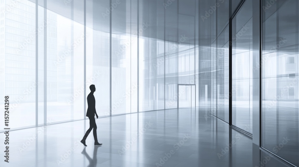 Fototapeta premium A lone figure in a modern, glass-filled space.