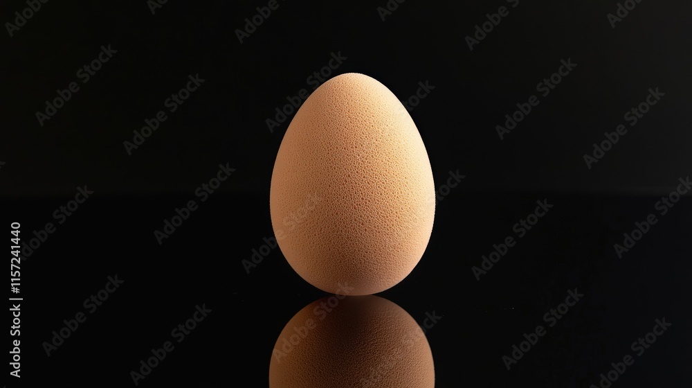 A single egg-shaped makeup sponge standing upright on a reflective black background. A single egg-shaped makeup sponge standing upright on a reflective black background.