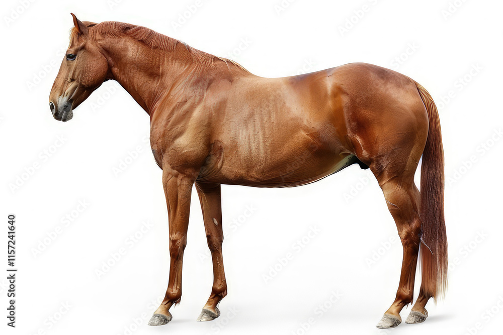 Fototapeta premium A brown horse standing gracefully against a white background, showcasing its muscular build.