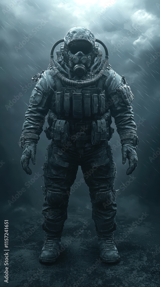 Fototapeta premium rugged soldier in post apocalyptic setting, wearing gas mask and tactical gear, stands ready for action
