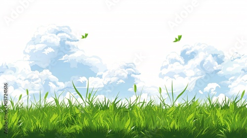 Grass and Sky Background in Flat Vector Style Isolated Design