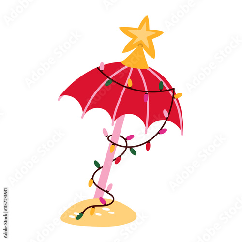 The umbrella is decorated with a garland and a star. Beach Christmas party. An isolated item for a tropical new year. Merry Christmas and Happy New Year on the background of a warm climate design.