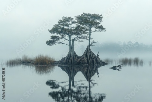 Two joined trees with intertwined roots stand in shallow marsh waters, casting a double reflection amidst the surrounding fog, in an ethereal, peaceful scene. photo