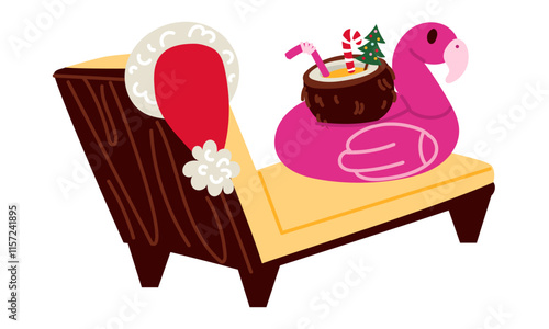 chaise longue with Santa Claus hat. Inflatable flamingo circle, coconut cocktail with umbrella, caramel stick. Christmas celebration in tropical climate. Isolated objects on white postcards, stickers