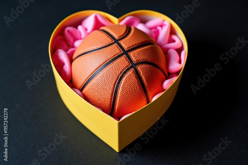 Unique Valentine's Day Gift Idea: Basketball in Heart-Shaped Box with Pink Rose Petals photo