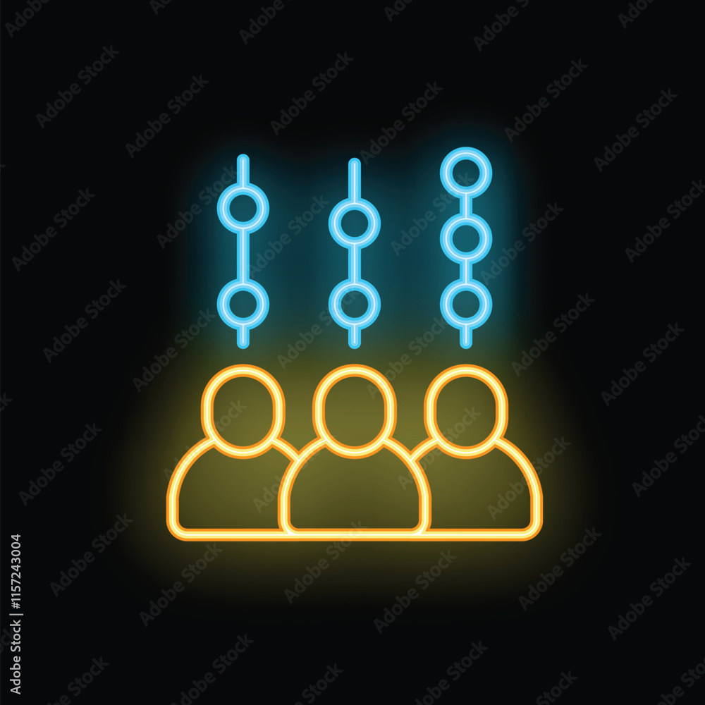Glowing neon icon of three abstract figures with lines and dots over them, symbolizing connection, hierarchy, or social structure Glowing neon icon of three abstract figures with lines and dots over them, symbolizing connection, hierarchy, or social structure