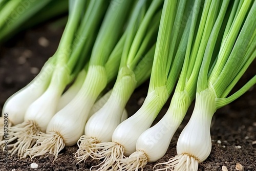 Spring onions, also known as scallions or green onions, freshly harvested and lying on the soil, ready for consumption or sale at the market photo