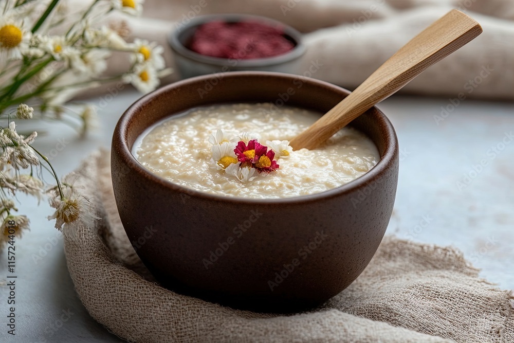 Warm bowl of oatmeal topped with flowers and berries on a table with soft textiles Warm bowl of oatmeal topped with flowers and berries on a table with soft textiles
