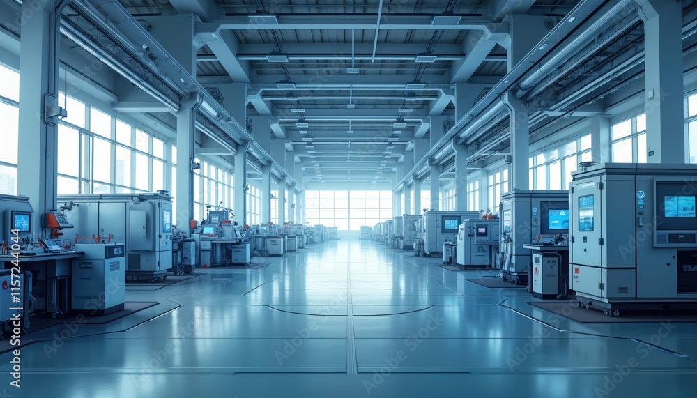 Futuristic smart factory interior with advanced automation machinery, robotics. High tech machines connected via network. Future of manufacturing production showcased. Efficient automatic production Futuristic smart factory interior with advanced automation machinery, robotics. High tech machines connected via network. Future of manufacturing production showcased. Efficient automatic production