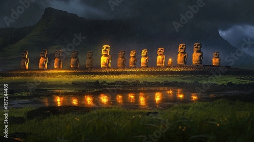 Moai Statues with Glowing Reflections in a Mystical Setting
