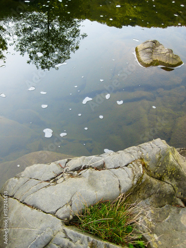 Part of a rock and the shallow water of Vidima River at the pool called Priboy, near the village of Debnevo, Troyan Minucipality, Northern Bulgaria photo