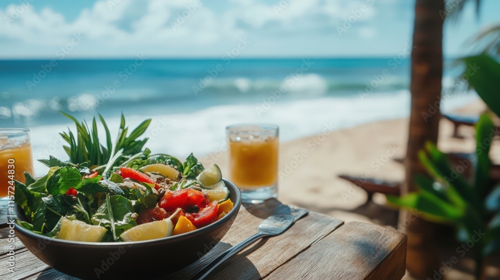 Fresh tropical salad with drinks on a beachside table under a sunny sky. Fresh tropical salad with drinks on a beachside table under a sunny sky.