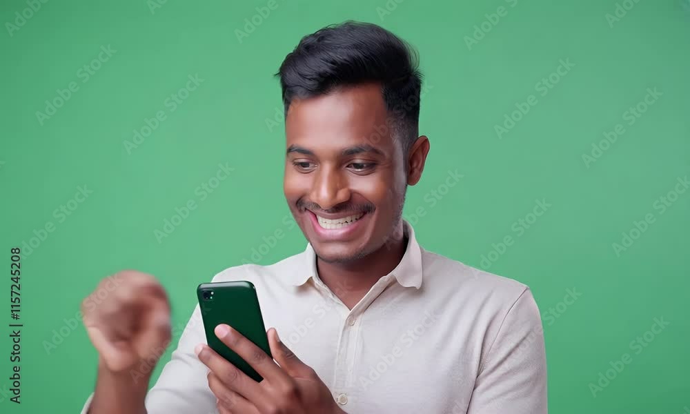 Happy Man using Smartphone, Green Screen Background Happy Man using Smartphone, Green Screen Background