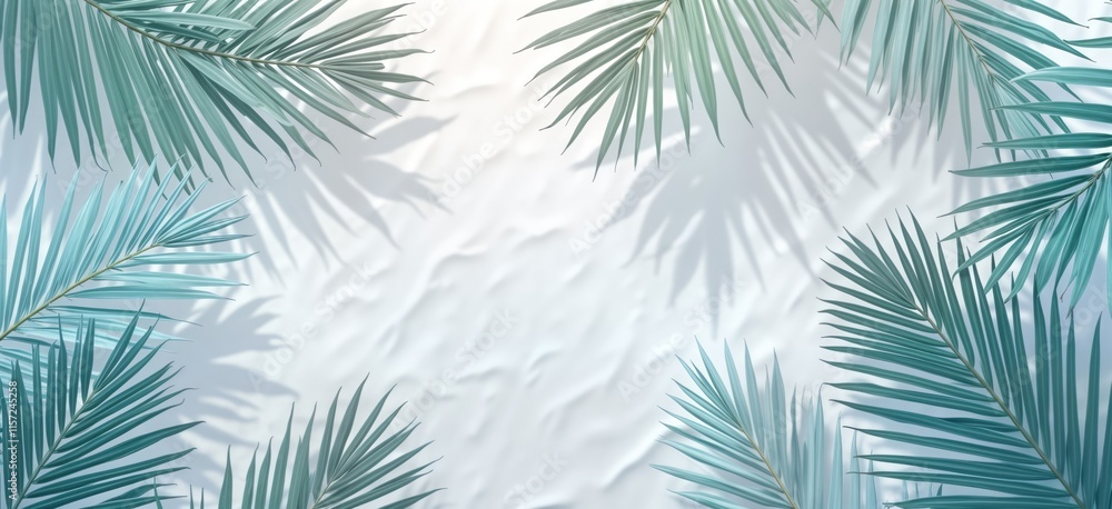 Tropical palm leaves cast soft shadows on textured white surface. Pastel blue-green tones create calming, serene atmosphere. Design perfect for vacation tropical beach theme. Ideal digital art piece Tropical palm leaves cast soft shadows on textured white surface. Pastel blue-green tones create calming, serene atmosphere. Design perfect for vacation tropical beach theme. Ideal digital art piece