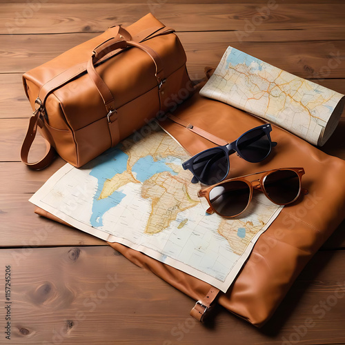 A classic leather weekender bag with travel essentials spilling out, set against a beige background.