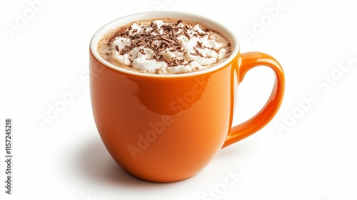 A professional photo of an orange mug with hot chocolate inside. should be isolated and on a white background.