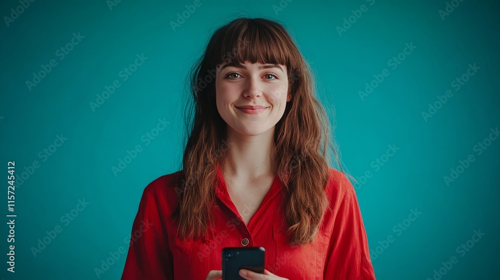 Smiling Woman Stands Against a Blue Background Holding a Smartphone While Wearing a Red Shirt, Showcasing a Moment of Joy and Engagement Smiling Woman Stands Against a Blue Background Holding a Smartphone While Wearing a Red Shirt, Showcasing a Moment of Joy and Engagement