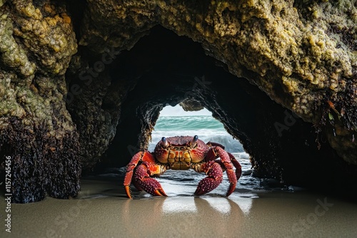 A vividly hued crab stands poised at the entrance of a shadowy sea cave. The sea provides a dramatic backdrop, encapsulating contrast and mystery in nature. photo