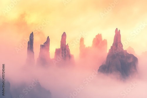 Tall, mystical Gothic spires pierce a colorful mist at sunset, with a golden light creating an ethereal, fantasy-like atmosphere enriched by the vibrant hues. photo