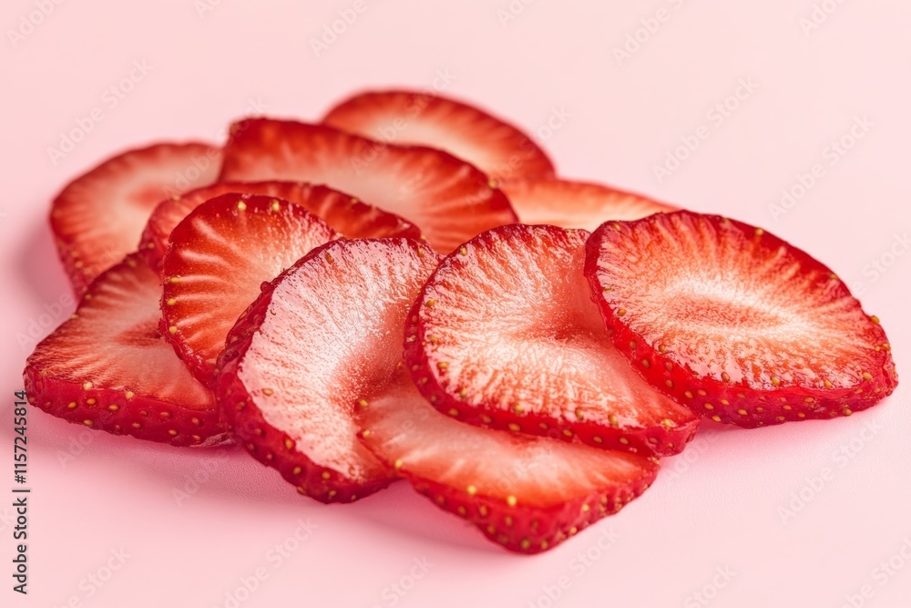 Artistic image of strawberry slices against a soft pink background, showcasing their vibrant red hues and intricate textures to highlight their freshness and appeal. Artistic image of strawberry slices against a soft pink background, showcasing their vibrant red hues and intricate textures to highlight their freshness and appeal.