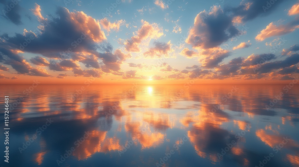Fototapeta premium Serene sunset over calm ocean; reflection in water.