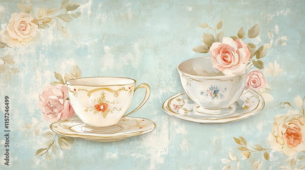 Fototapeta premium A scrapbook background gently decorated with vintage teacups, floral motifs and aged glazes capture the charm of past craftsmanship, while a pastel blue background.