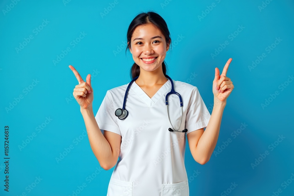 Happy Asian Nurse in White Uniform with Stethoscope Against Blue Background - Perfect for Healthcare Marketing, Medical Websites, and Promoting Wellness