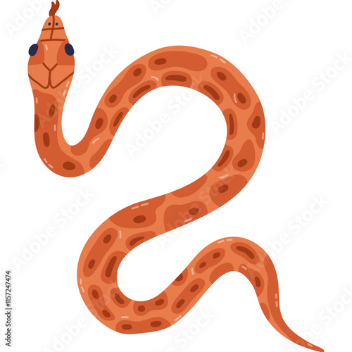Lovely cartoon snake slithering with tongue out in the top view. Hand drawn poison viper as sign of wizard, mystic, witchcraft. Orange dangerous serpent isolated on background. Jungle or zoo snake 