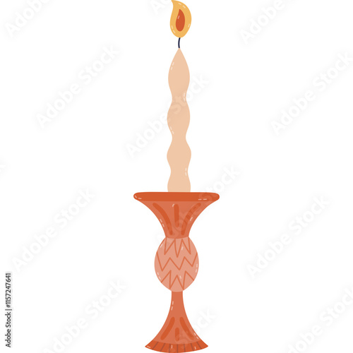 Lovely cartoon burning wavy candle in vintage boho candlestick with pattern. Cute hand drawn wax or paraffin lit candle for aromatherapy, spiritual ritual or hygge home aesthetic.