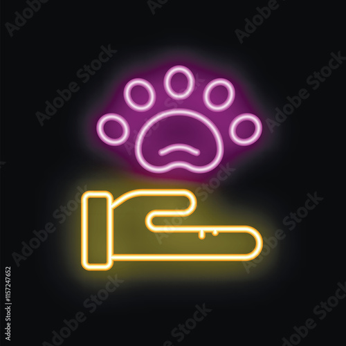 Neon icon of a hand holding a pet paw print, a symbol of veterinary care and animal welfare