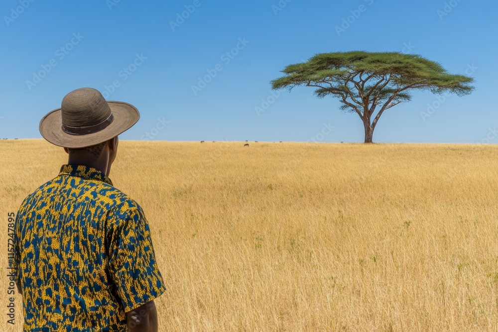 A hunter in the African savanna, with a large hat and binoculars, observing wildlife from a respectful distance A hunter in the African savanna, with a large hat and binoculars, observing wildlife from a respectful distance