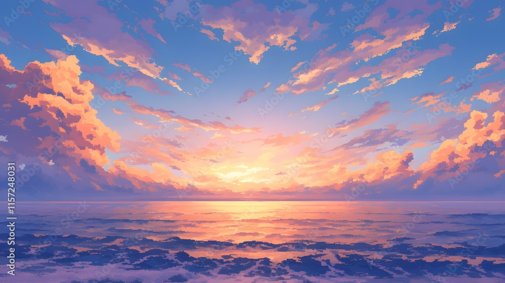 Pixel art sunset over a calm ocean, clouds in the sky, anime style