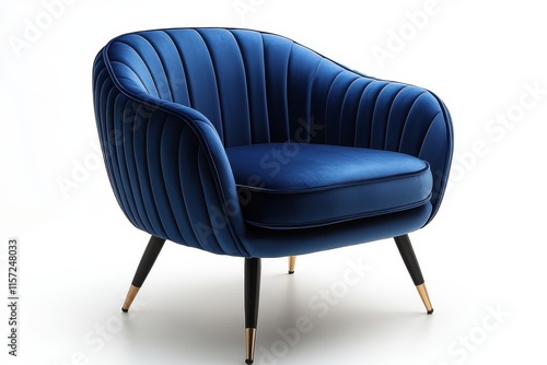 Blue velvet accent chair with black legs, vintage-inspired design, elegant details for modern living room or bedroom decor. photo