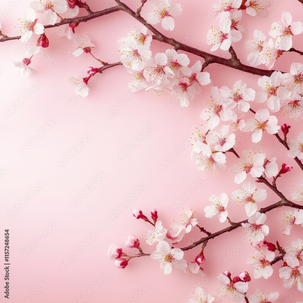 Fototapeta premium Cherry Blossom Branch With Delicate Flowers on Light Pink Background in Springtime Setting