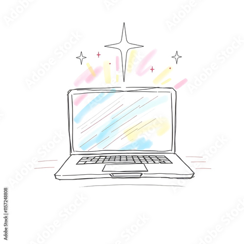 Hand-drawn sketch of a laptop in a colorful sketchnote style isolated on white background photo