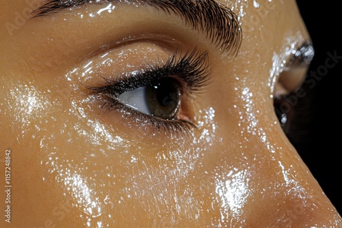 A hyper-realistic close-up of a human face, showing detailed pores, eyelashes, and natural imperfections illuminated by soft light