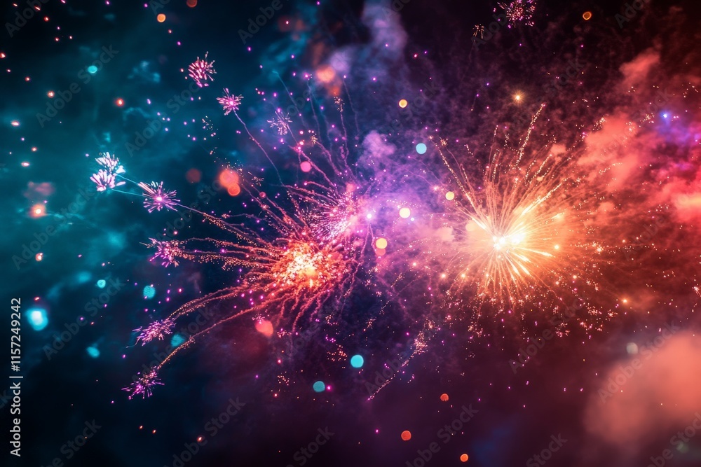A dazzling display of fireworks bursting with vibrant colors, including pink, purple, and blue, lights up the night sky, evoking wonder and excitement. A dazzling display of fireworks bursting with vibrant colors, including pink, purple, and blue, lights up the night sky, evoking wonder and excitement.