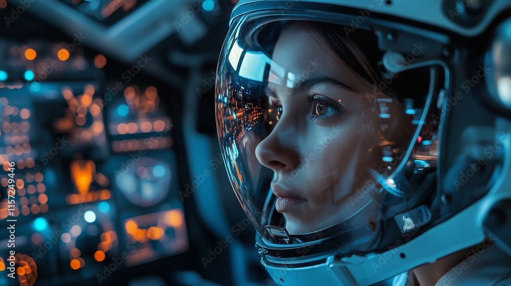 A woman in a futirsitic space helmet looking at controls with reflections in visor, close up