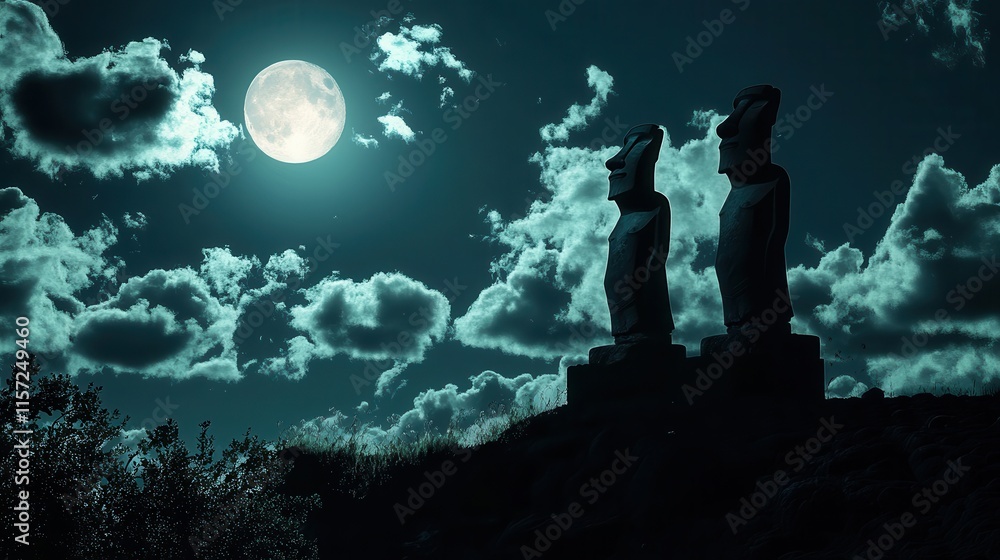 Fototapeta premium Moai Statues Under a Moonlit Sky