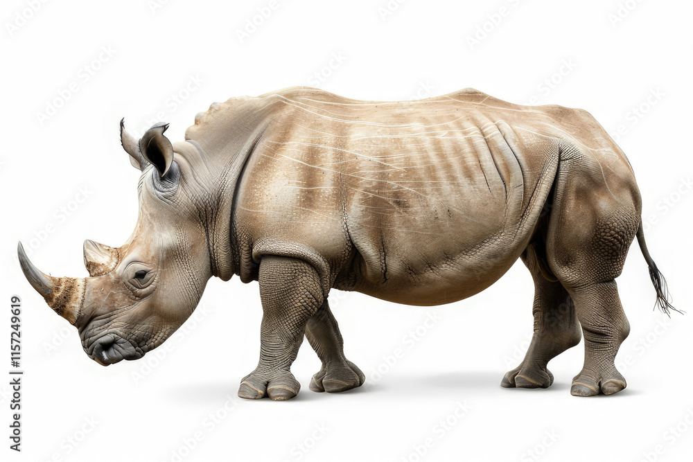 A realistic depiction of a rhinoceros standing on a white background. A realistic depiction of a rhinoceros standing on a white background.
