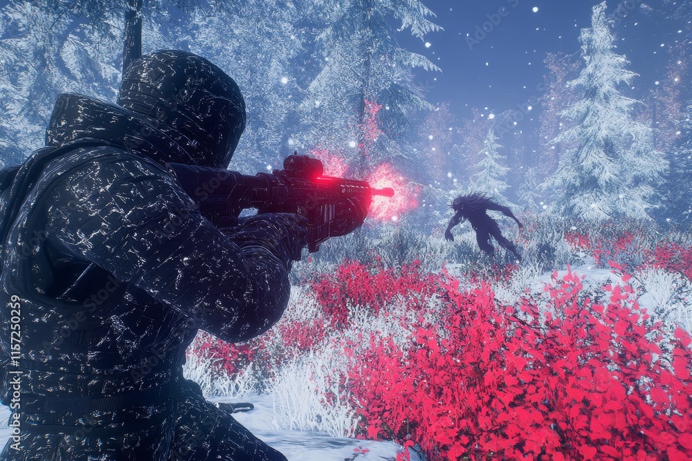 A mythical hunter in enchanted armor, aiming a glowing magical bow at a shadowy creature in a moonlit forest A mythical hunter in enchanted armor, aiming a glowing magical bow at a shadowy creature in a moonlit forest