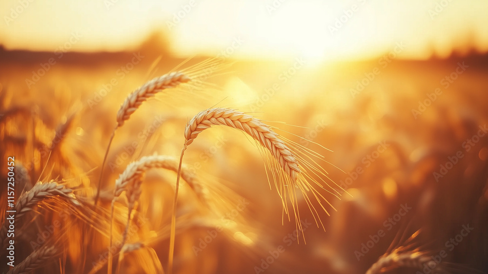 A serene rural landscape at sunset with golden wheat fields swaying gently in the wind, soft sunlight casting long shadows. Ai generated