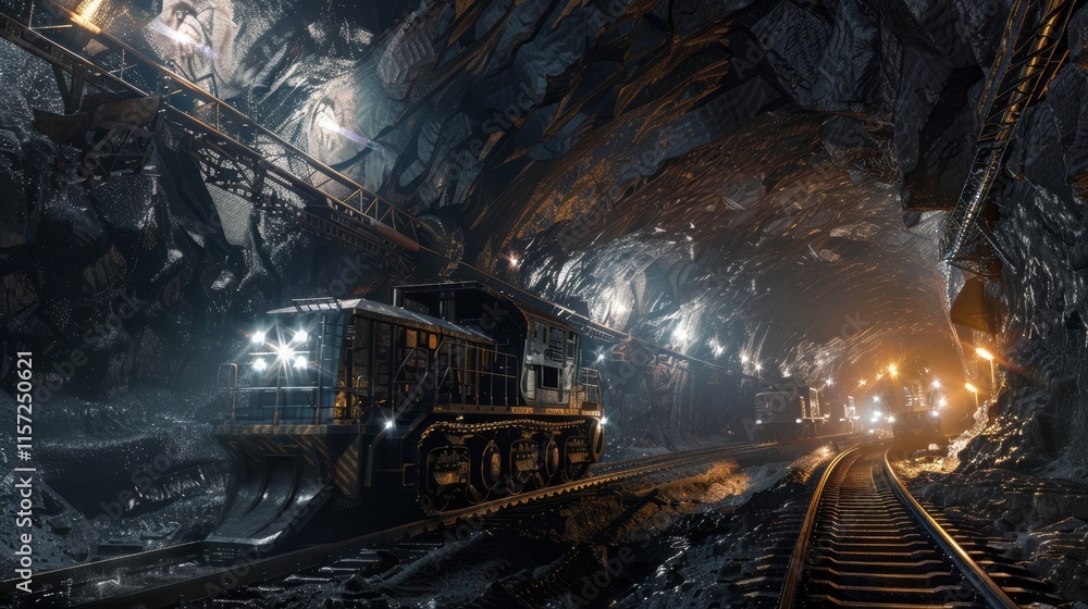 Large-scale mining concept with excavation machinery and workers at an underground site Large-scale mining concept with excavation machinery and workers at an underground site