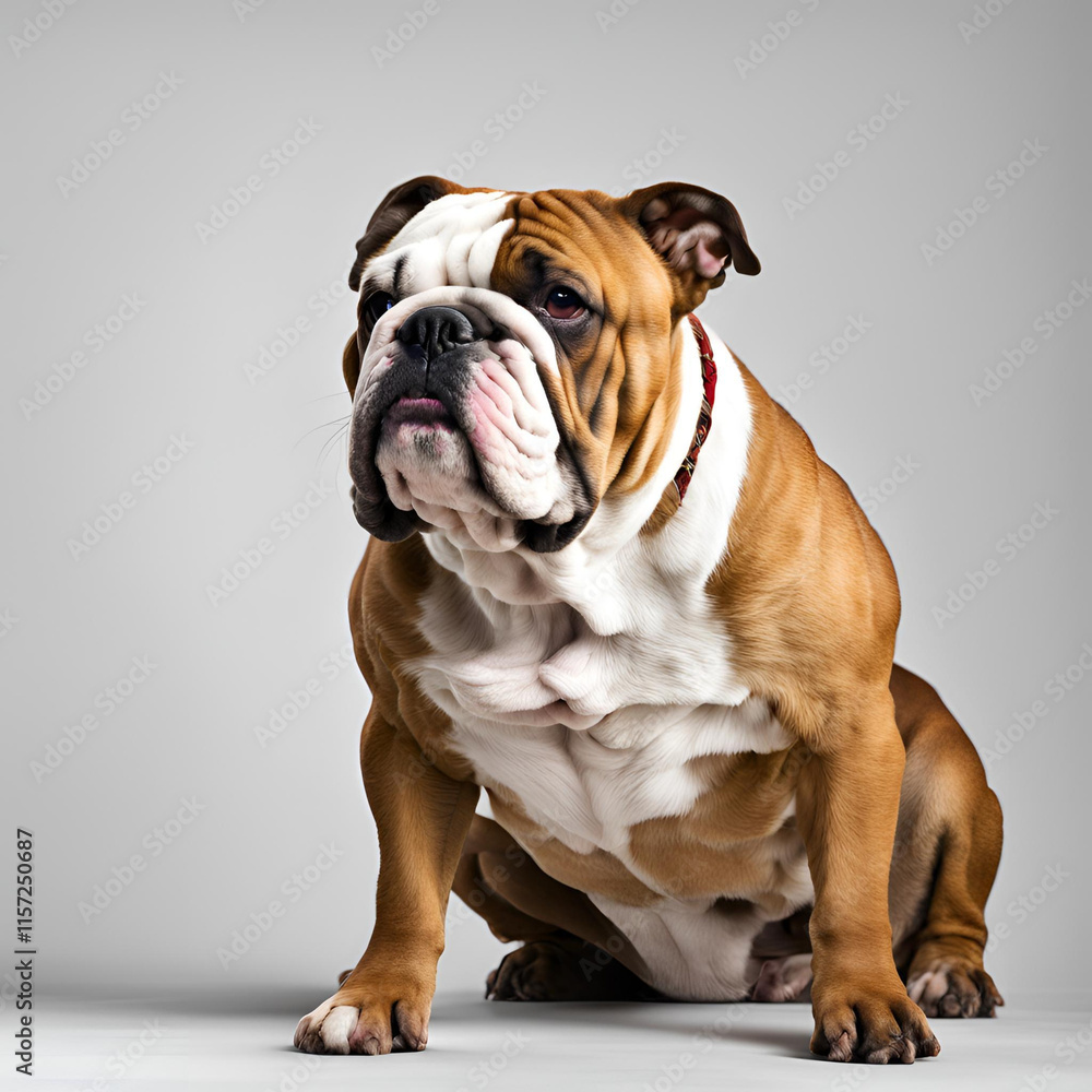 Obraz premium english bulldog puppy,Cute Purebred Canine Sitting in a Studio Portrait – A Young, White and Brown Bulldog with an Endearing Expression, Isolated on a Clean White Background