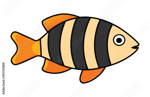 Cartoon fish, striped black and orange body, yellow tail fin, large round eye, simple design, cute illustration.